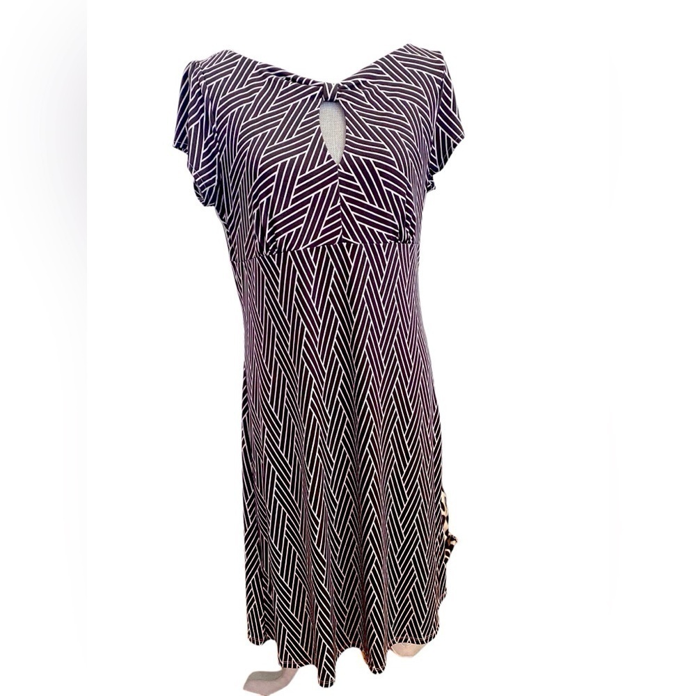 Ann Taylor Brown Jersey Stretch Dress Size 10 Geo Print Keyhole MIDI Dress 0615